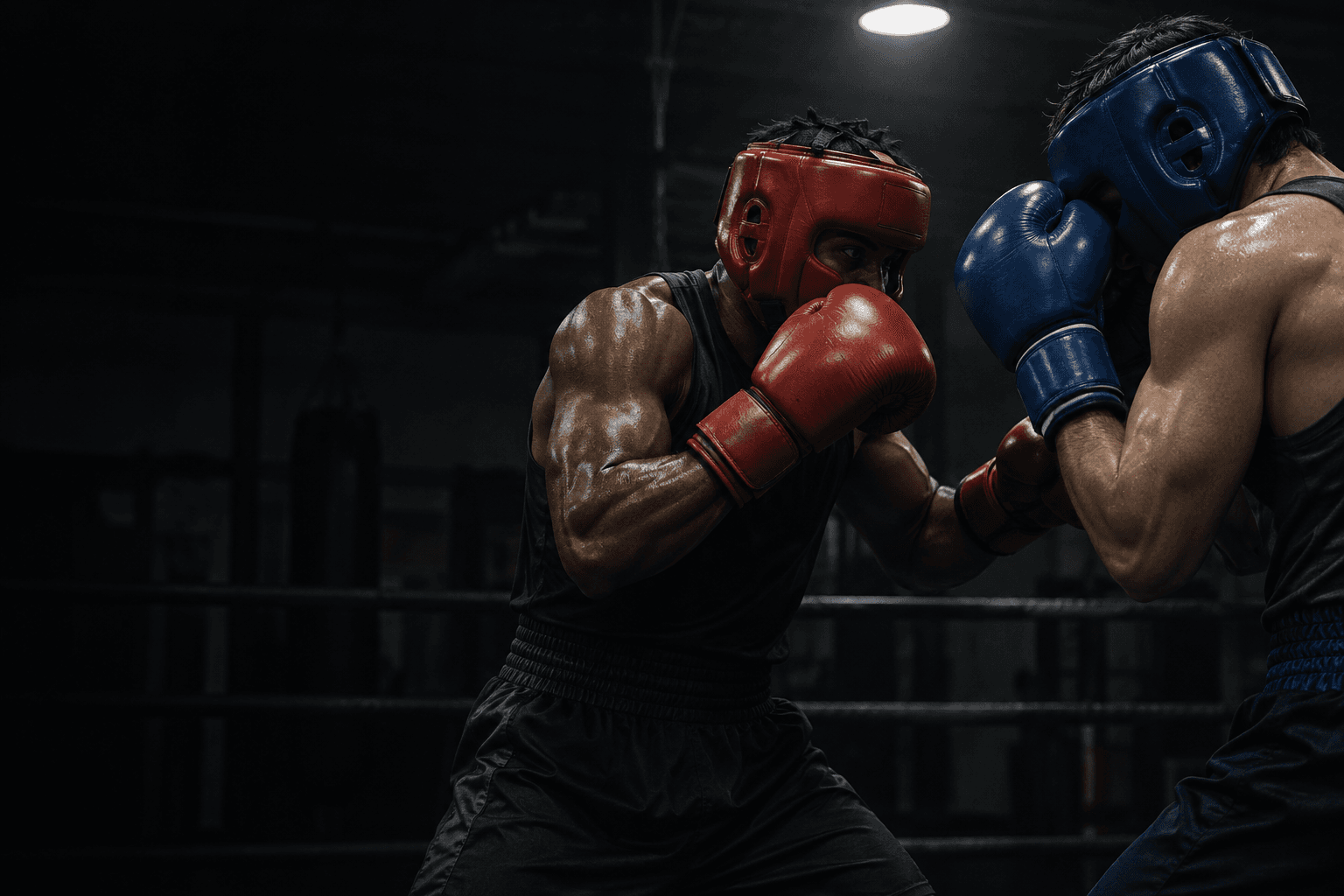 Brand illustration: two adult boxers in red and blue headgear practicing controlled sparring